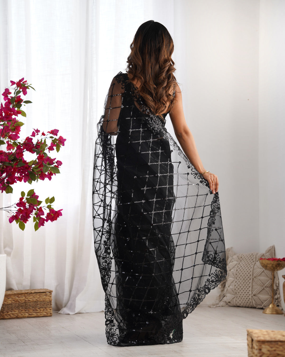 Net Embroidery Saree With Sequence Work- Black
