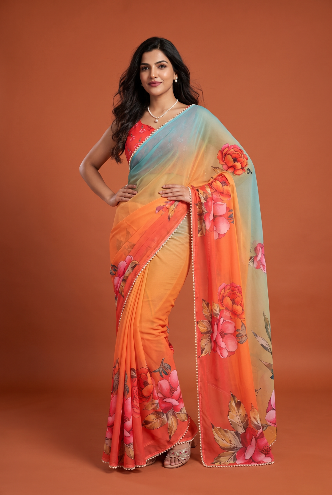 Soft Georgette Saree With Beautiful Digital Printed Work With Lace Moti Border