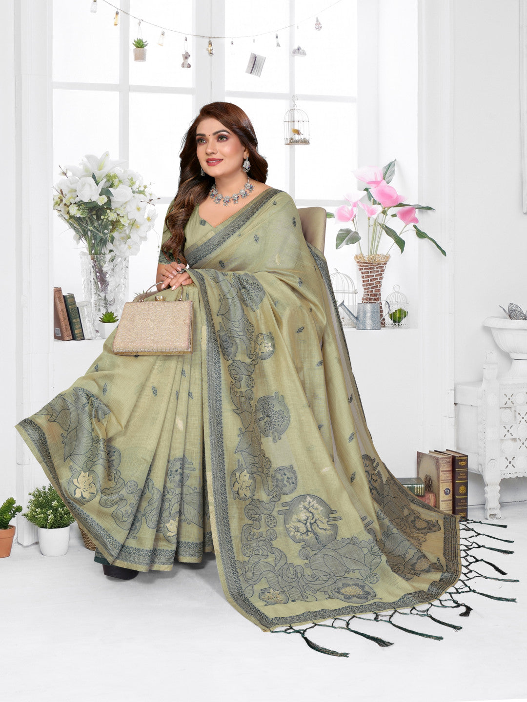 Soft Spun Base Muga Cotton Saree With Jacquard Weaving Work