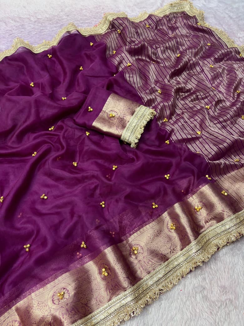 Organza Silk Saree with Beautiful Ghunghroo and Golden Zari Border Work