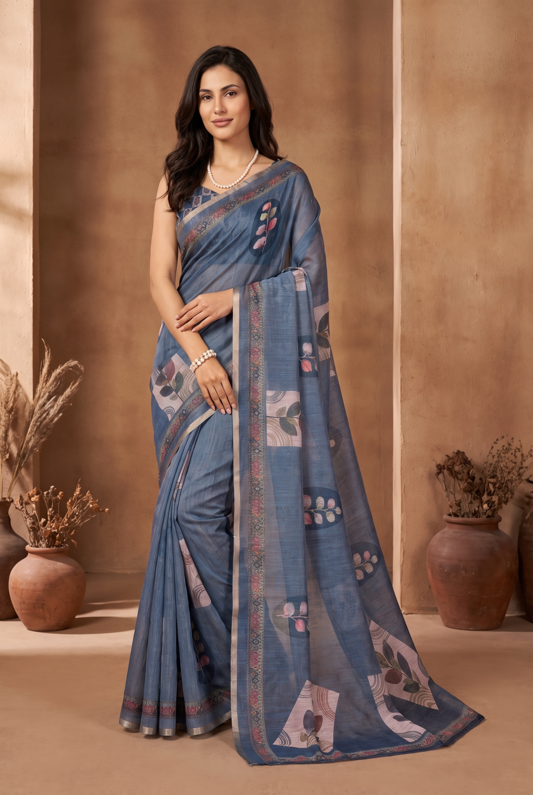 Soft Linen Cotton Saree With Beautiful Digital Printed Work With Zari Border