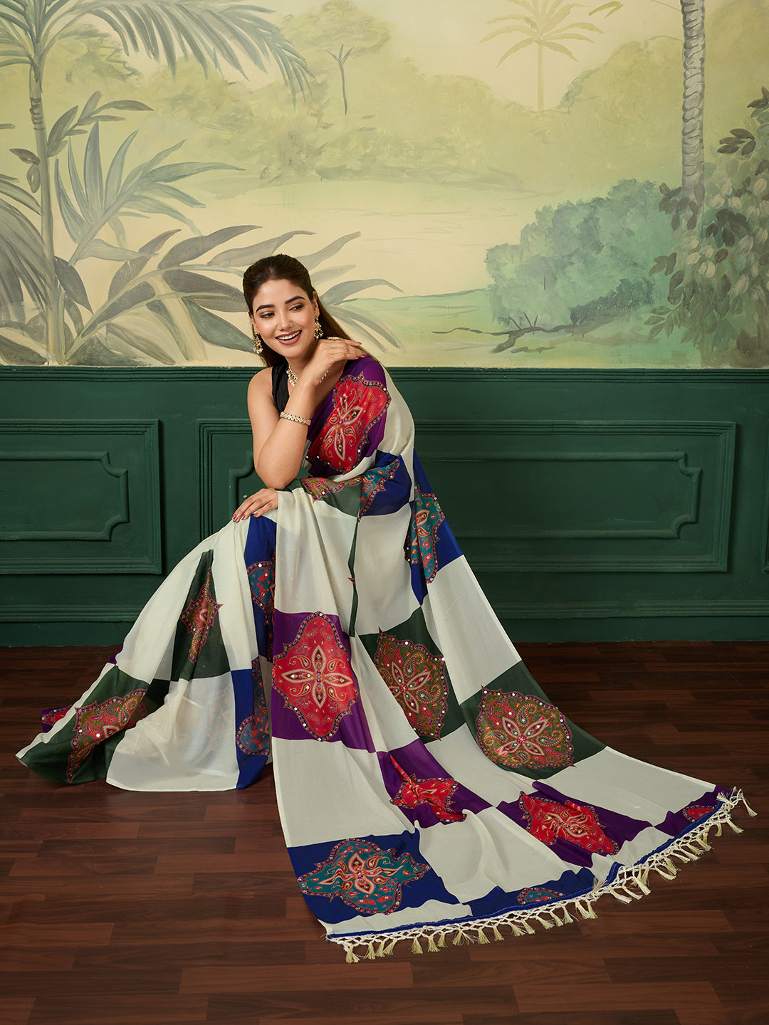 Soft Star Georgette Silk Saree With Digital Printed And Mirror Work