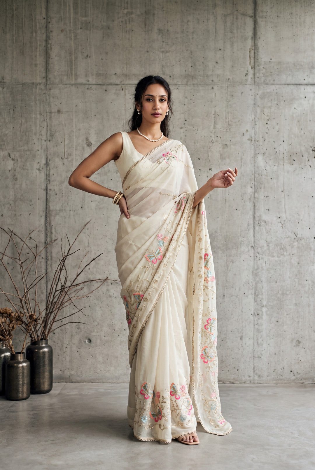 Georgette Saree With Beautiful Embroidery Work