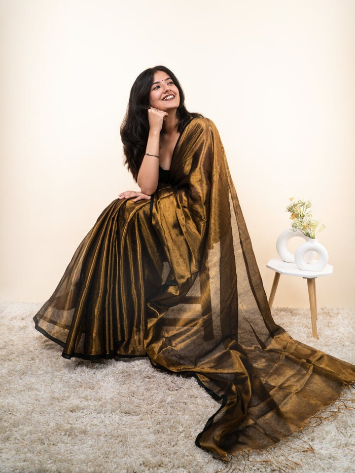 Premium Golden Tissue Silk Saree With Embellished Look