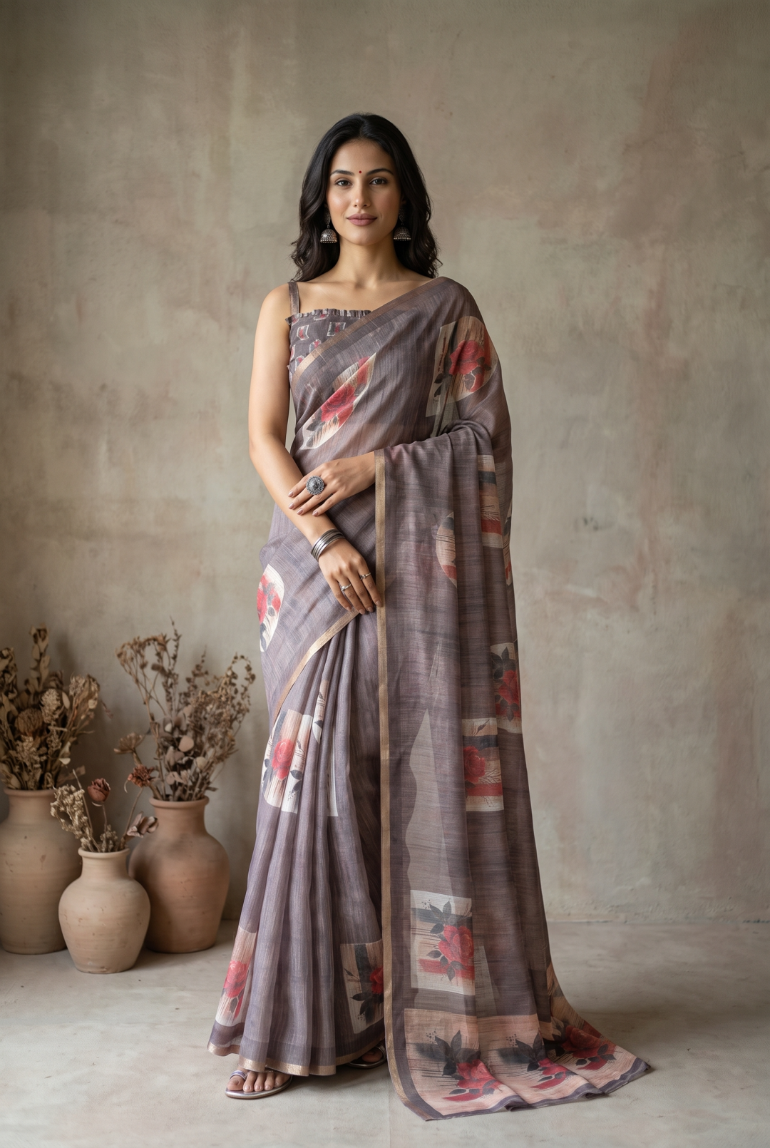 Soft Linen Cotton Saree With Beautiful Digital Printed Work With Zari Border