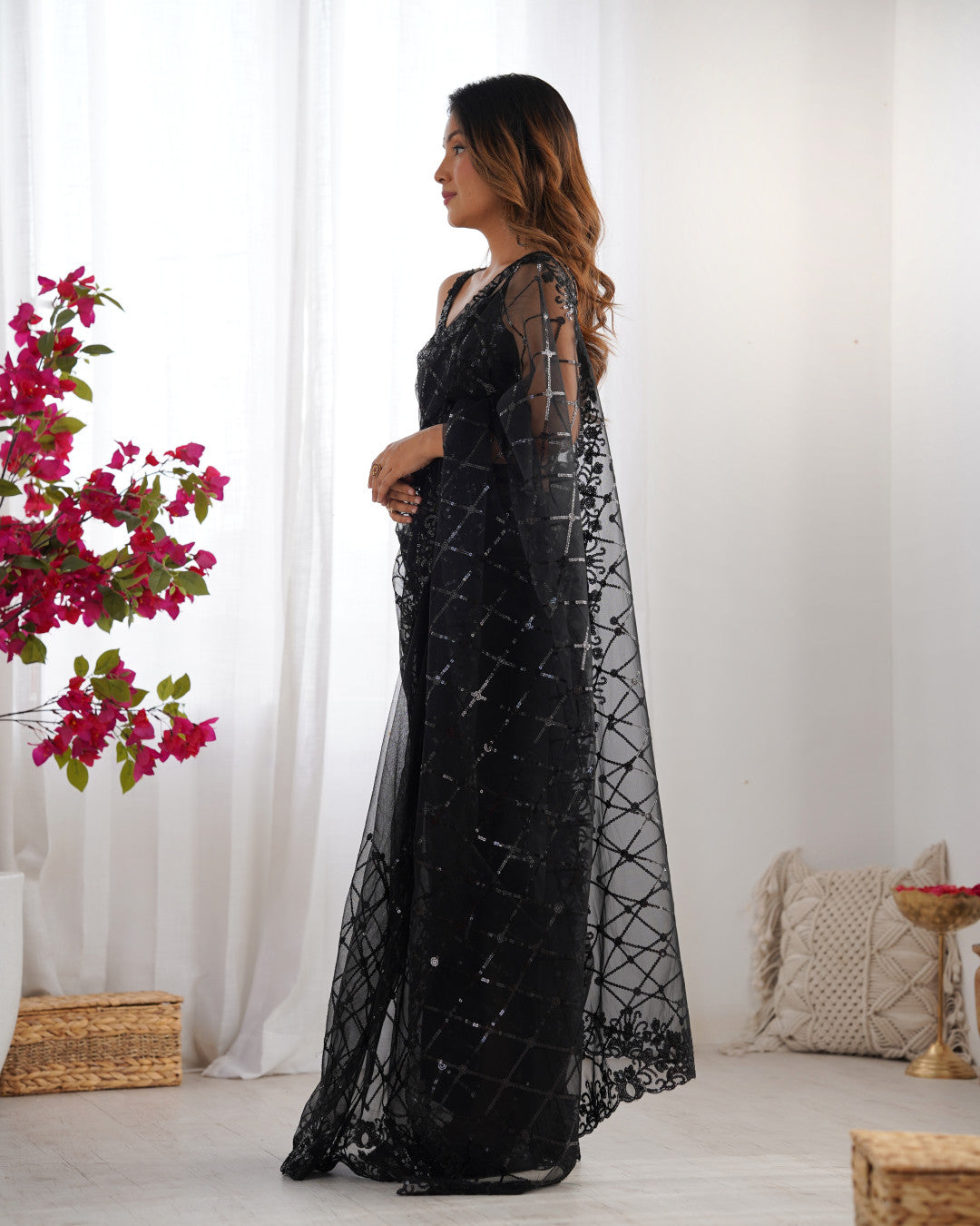 Net Embroidery Saree With Sequence Work- Black