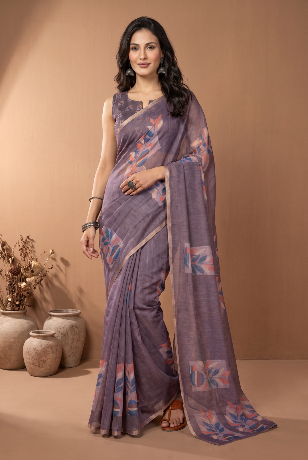 Soft Linen Cotton Saree With Beautiful Digital Printed Work With Zari Border