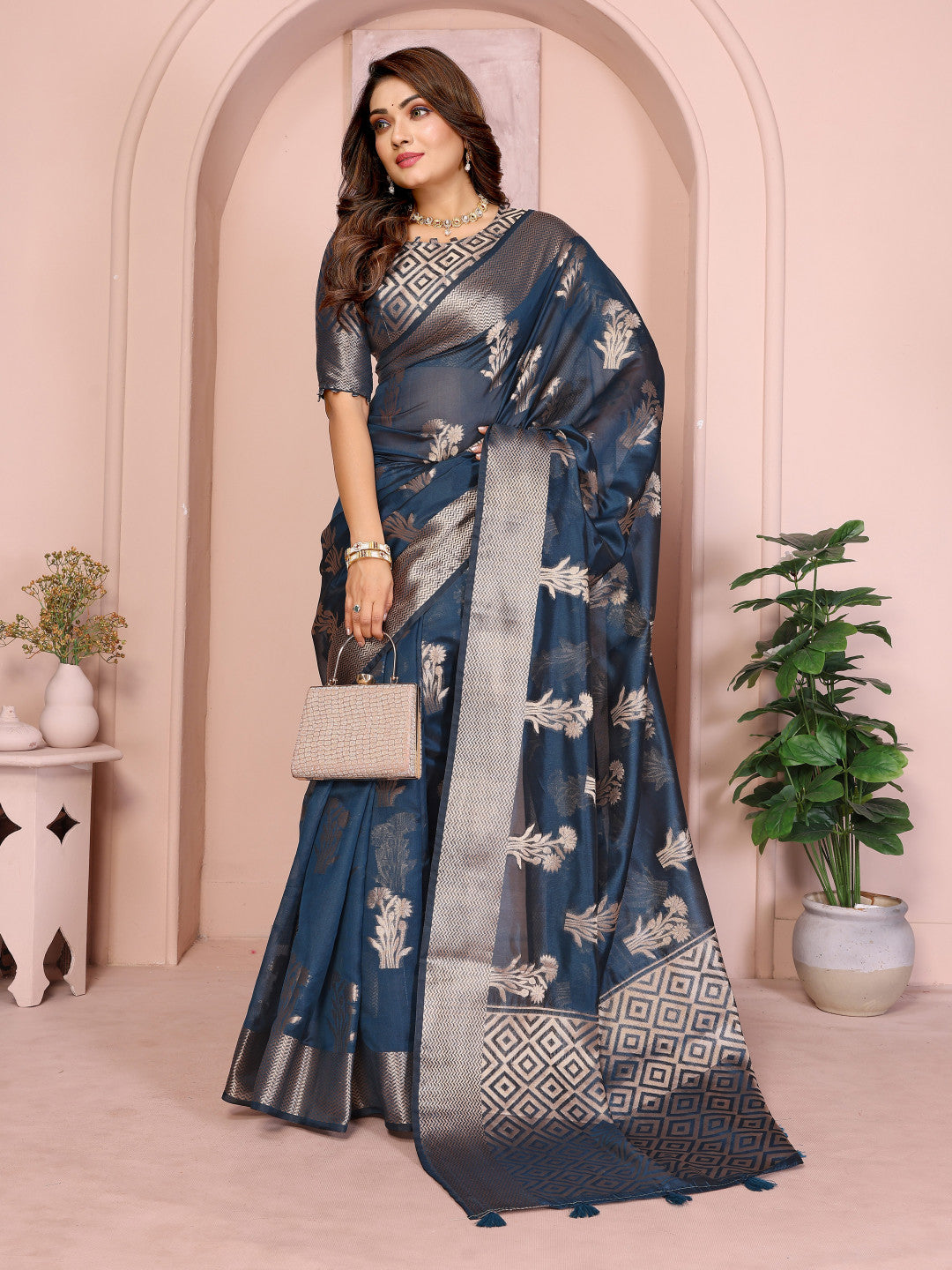 Fancy Organza Silk Banarasi Saree With Zari Weaving Work