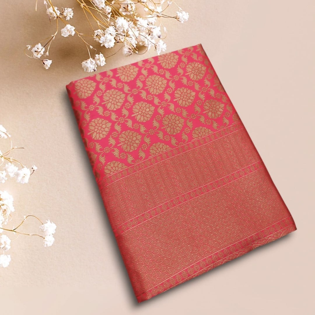 Pink Color Soft Banarasi Lichi Silk Saree With Jacquard Weaving Work