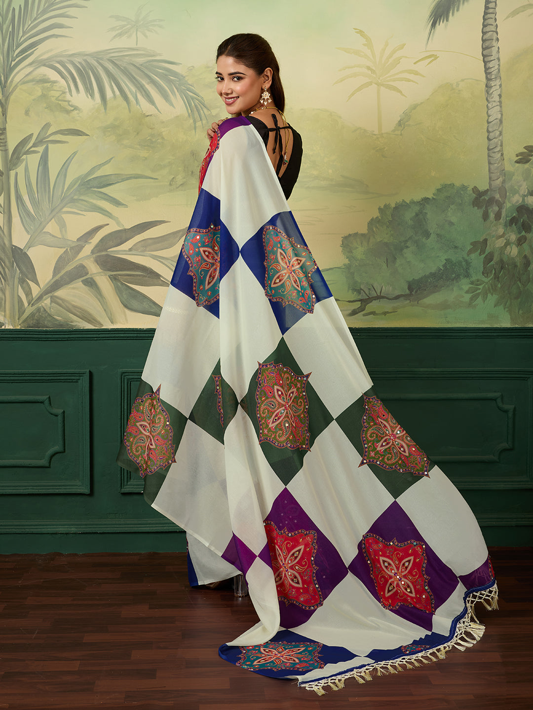 Soft Star Georgette Silk Saree With Digital Printed And Mirror Work