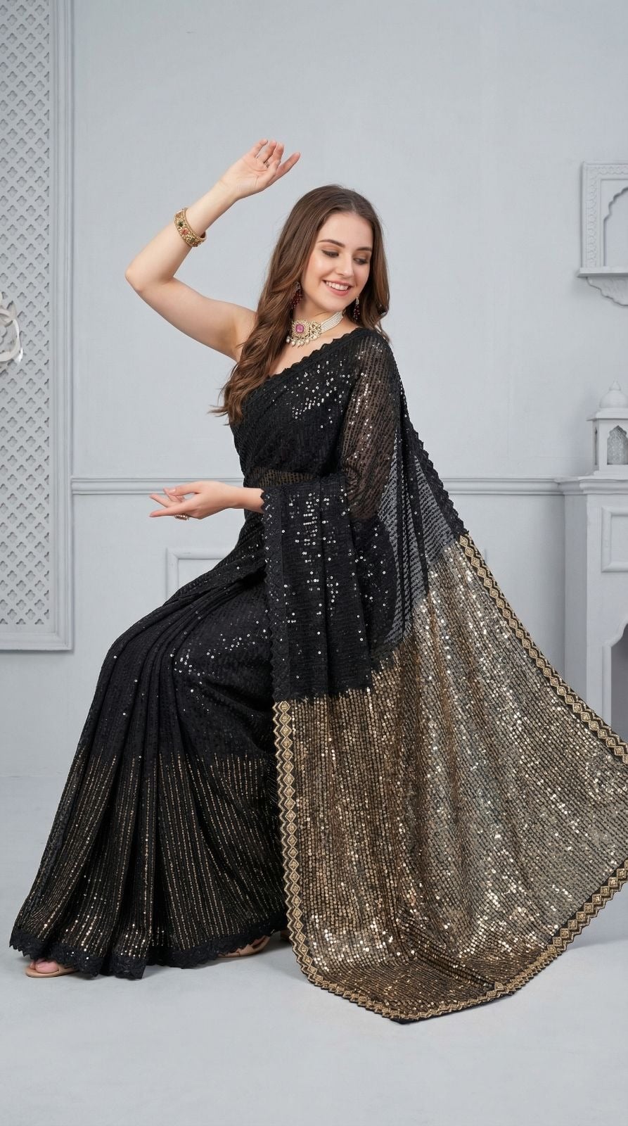 Black Georgette Saree With All Over Sequence Work And Lace Border