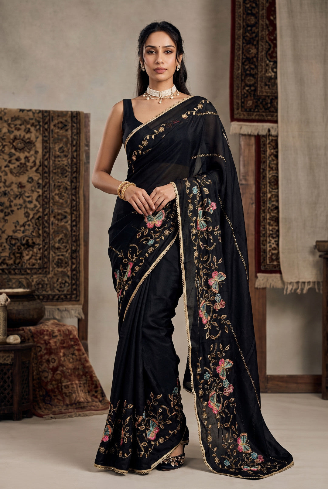 Georgette Saree With Beautiful Embroidery Work