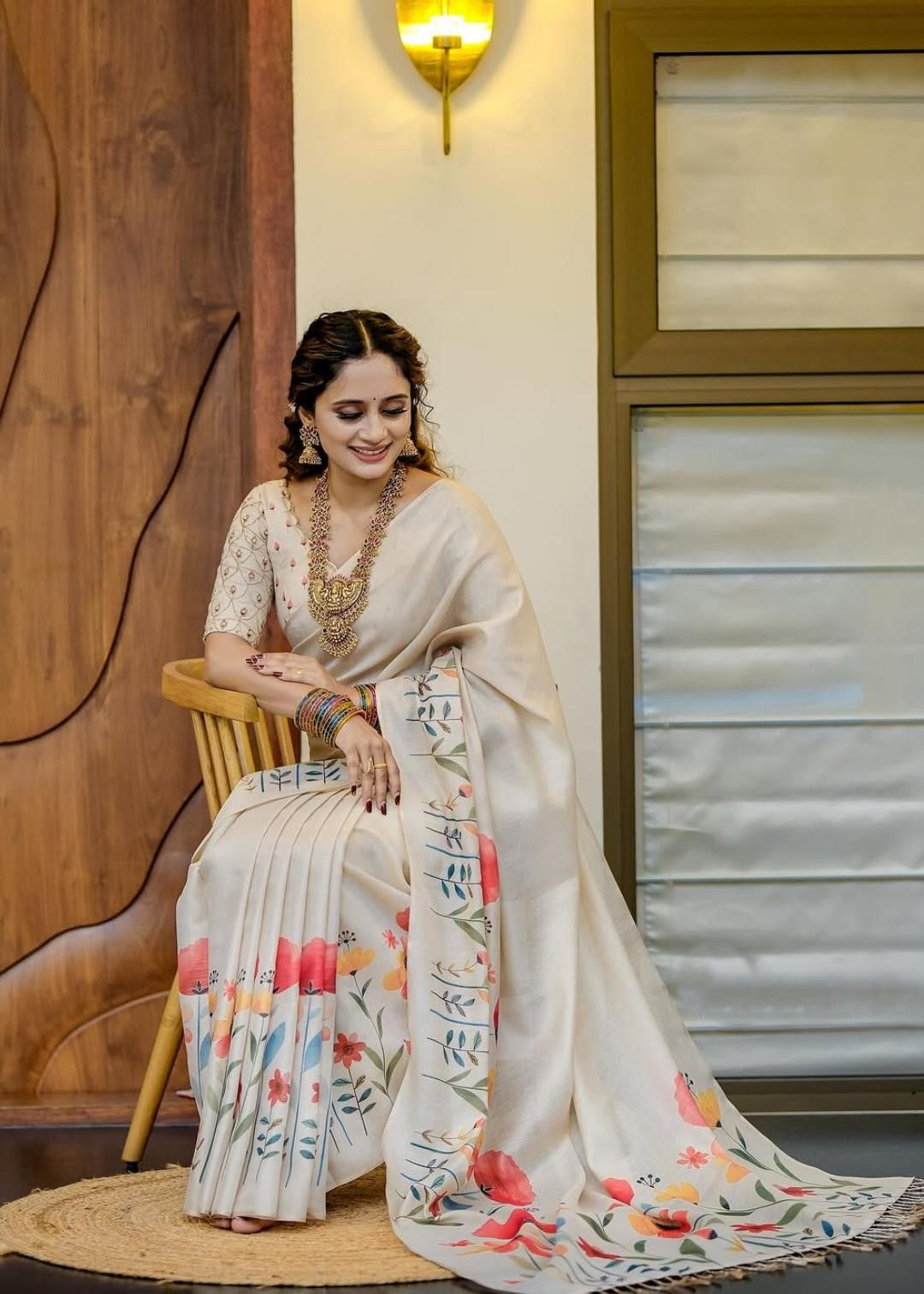 Beige Color Linen Tissue Silk Saree With Digital Printed Work
