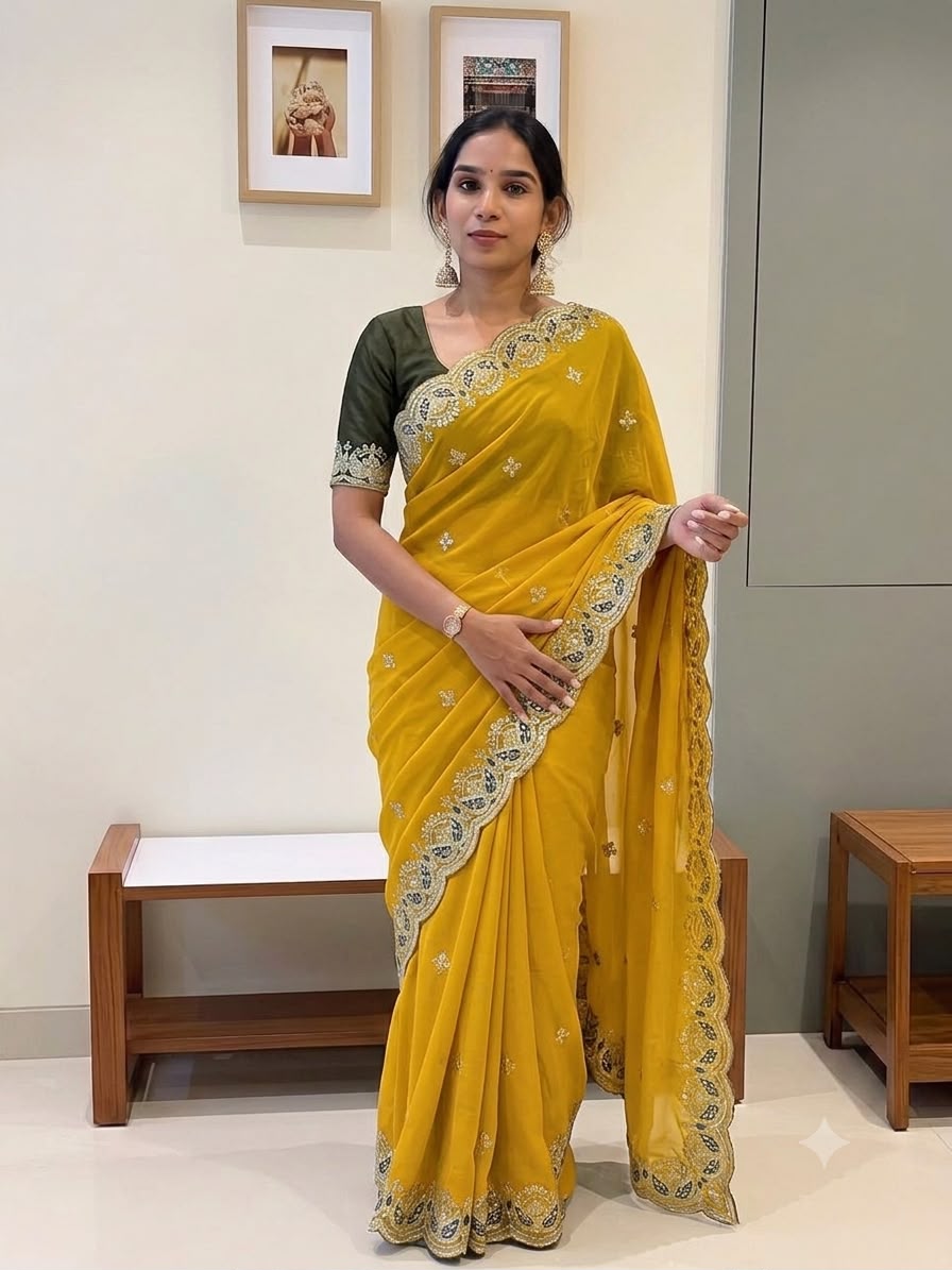 Soft Star Georgette Silk Saree With Embroidery And Sequence Work