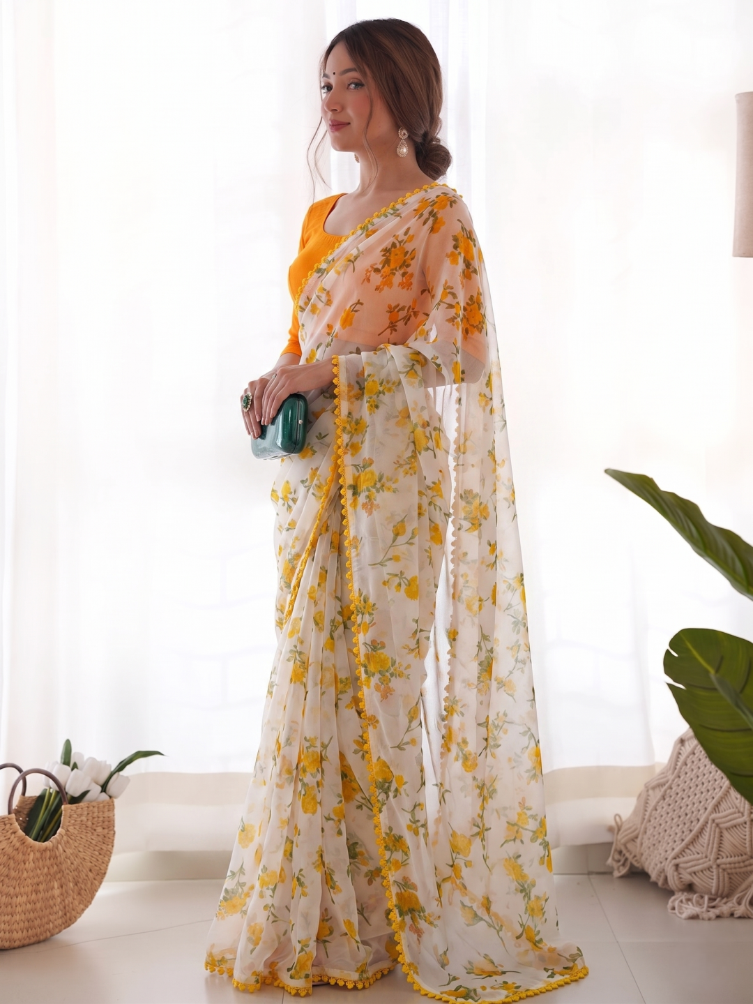 Soft Chiffon Saree With All-over Digital Floral Print And Lace Border