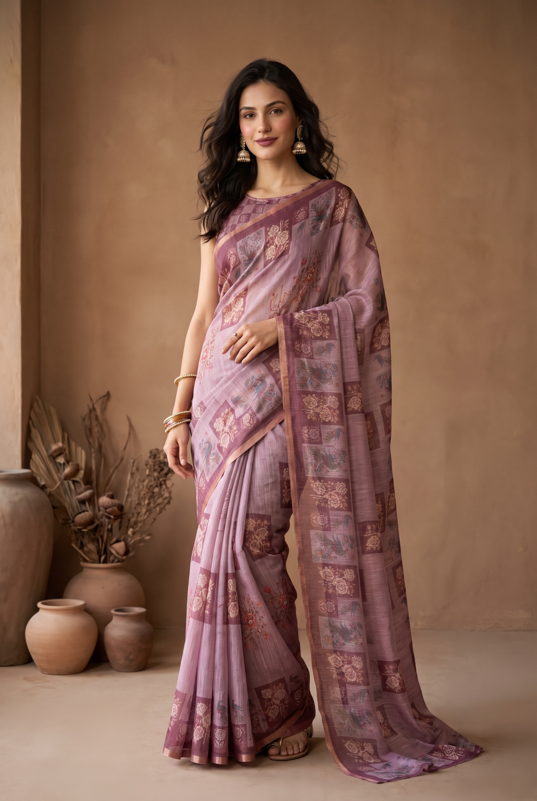 Soft Linen Cotton Saree With Beautiful Digital Printed Work With Zari Border