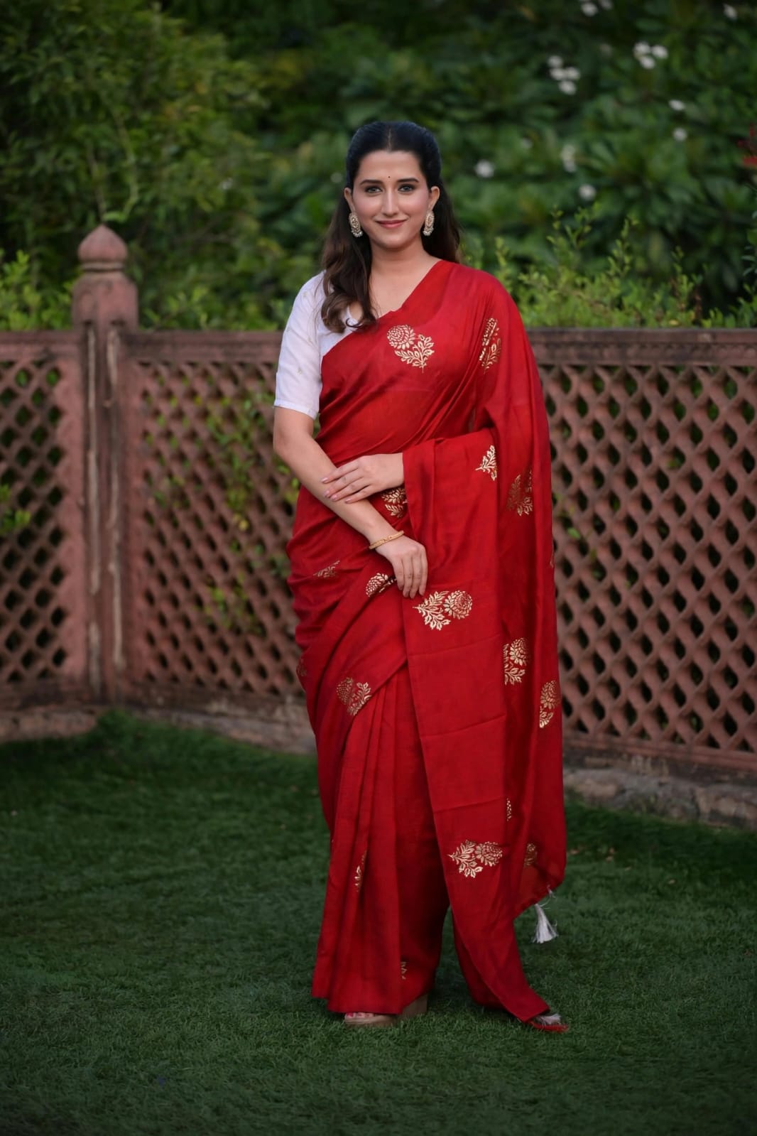 Soft Vichitra Silk Foil Printed Saree With Tassels