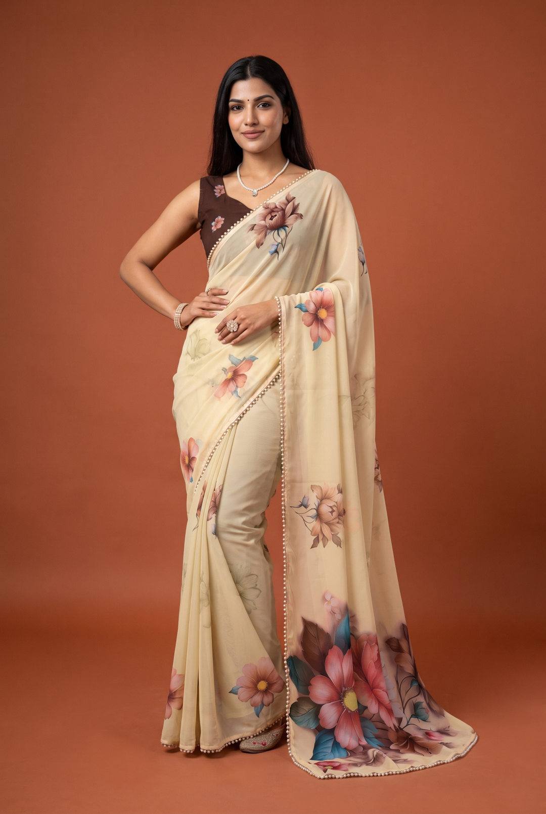 Soft Georgette Saree With Beautiful Digital Printed Work With Lace Moti Border