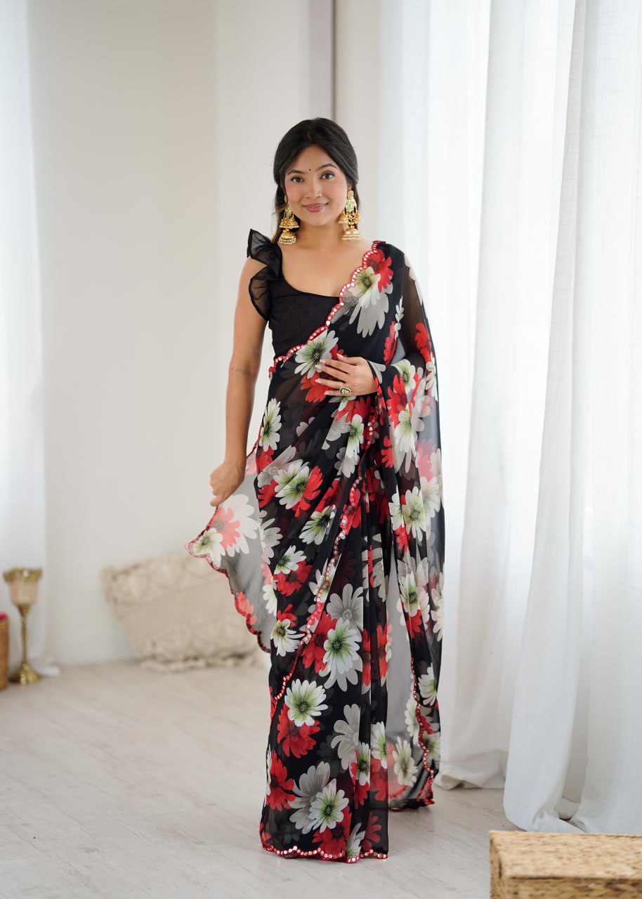 Georgette Saree With Printed Work And Mirror Work Border