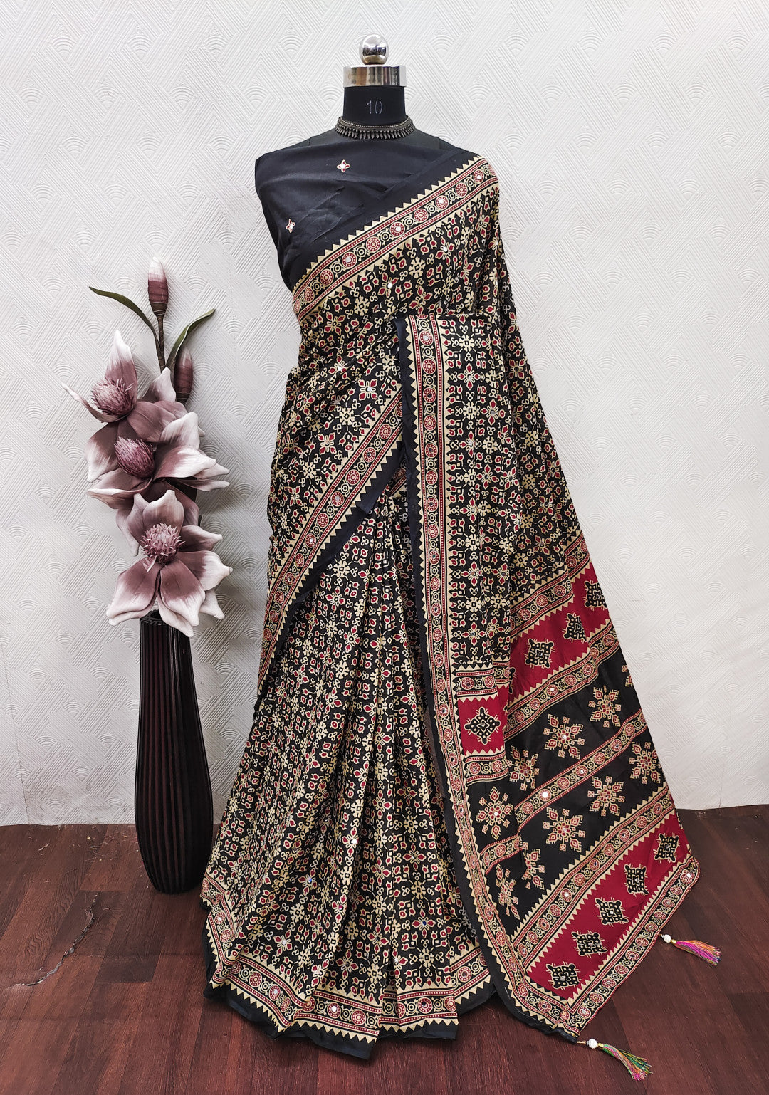 Mulmul Cotton Saree with Ajrakh Printed and Real Mirror Work