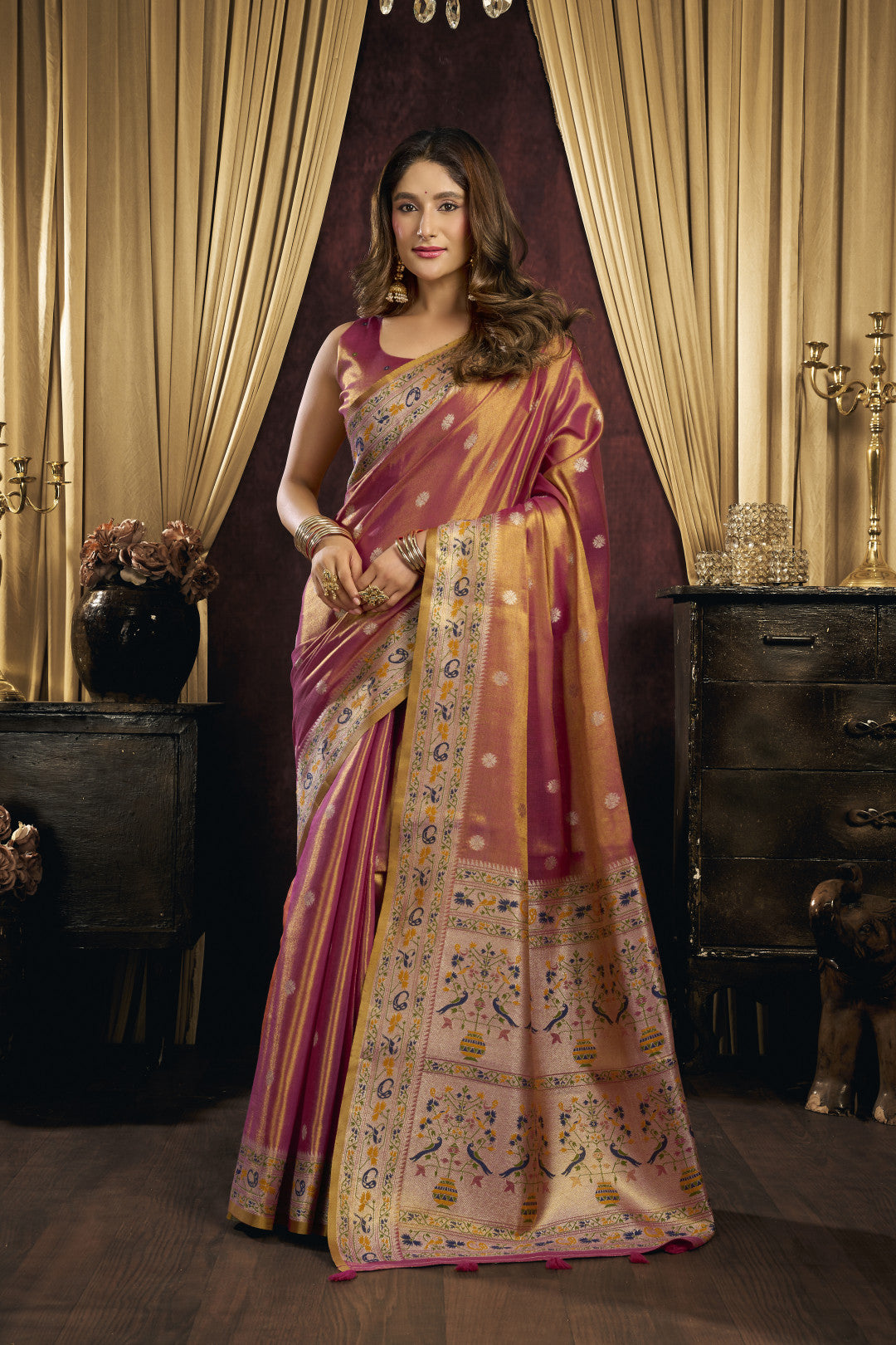 Tissue Paithani Silk Saree With Thread Weaving Work