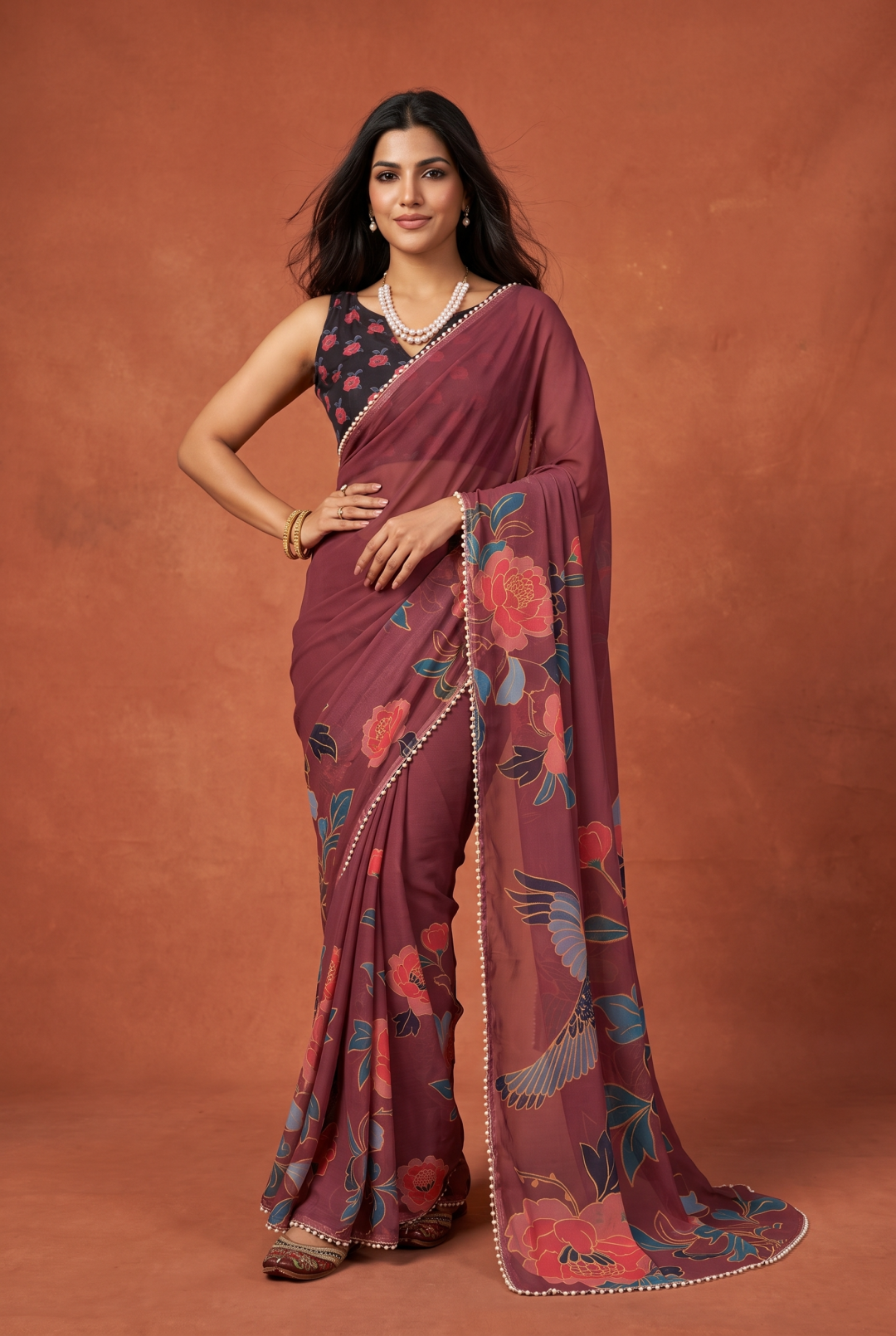Soft Georgette Saree With Beautiful Digital Printed Work With Lace Moti Border