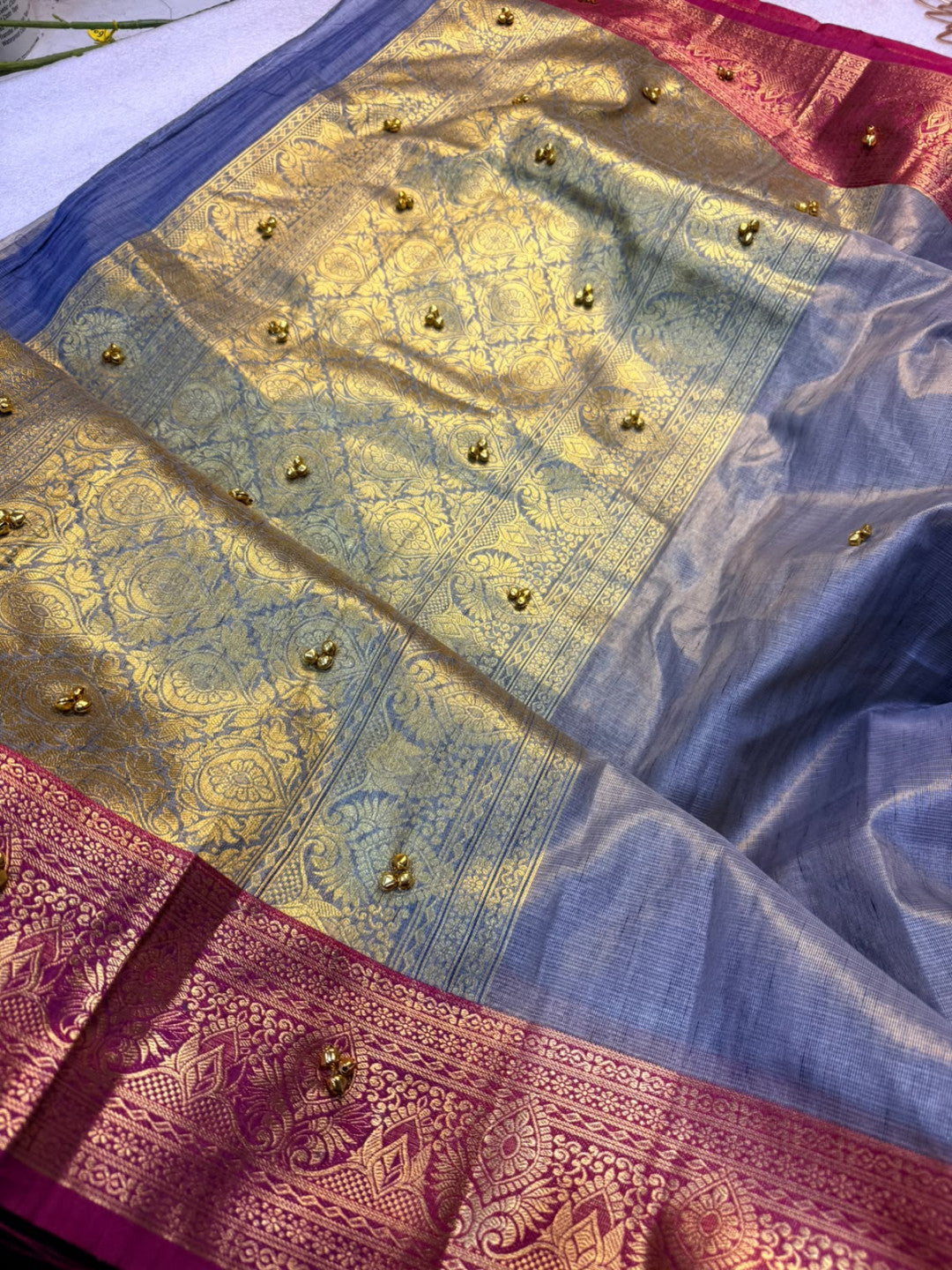 Banarasi Tissue Silk Saree with beautiful Ghunghroo and Golden zari border work