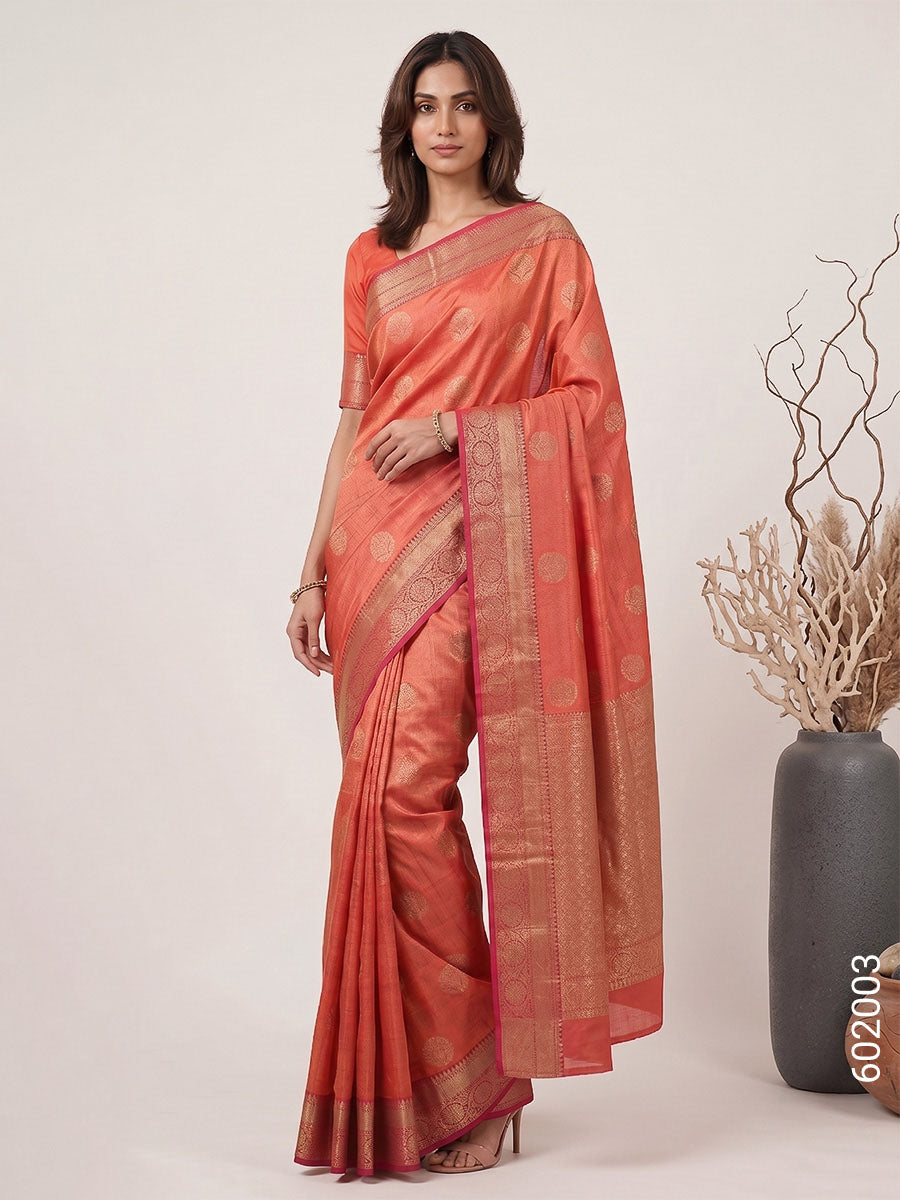 Peach Cotton Zari Work Banarasi Saree