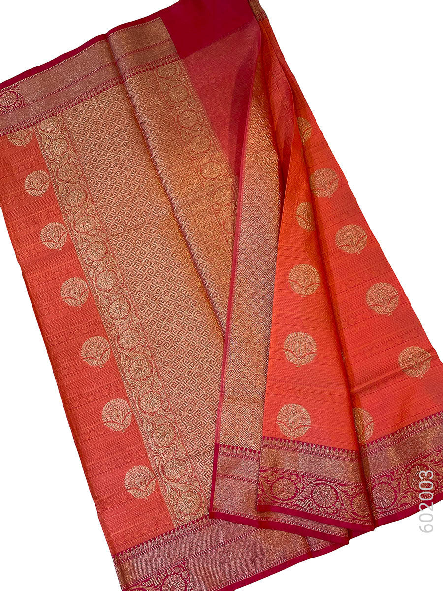 Peach Cotton Zari Work Banarasi Saree