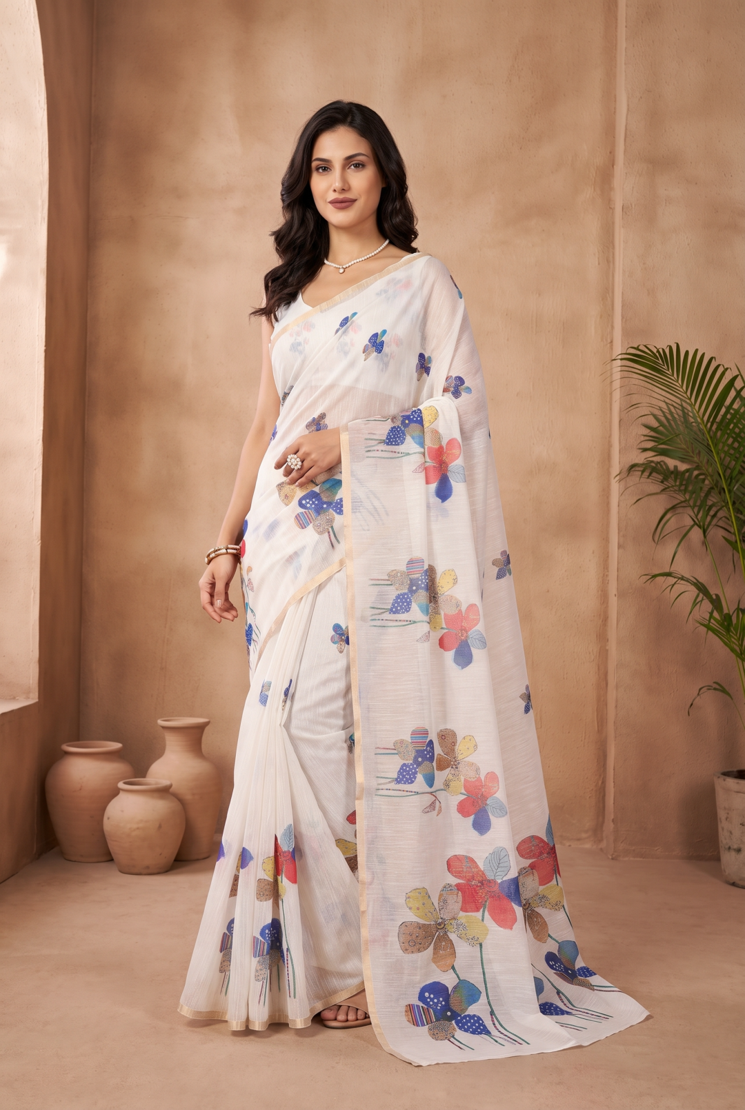 Soft Linen Cotton Saree With Beautiful Digital Printed Work With Zari Border