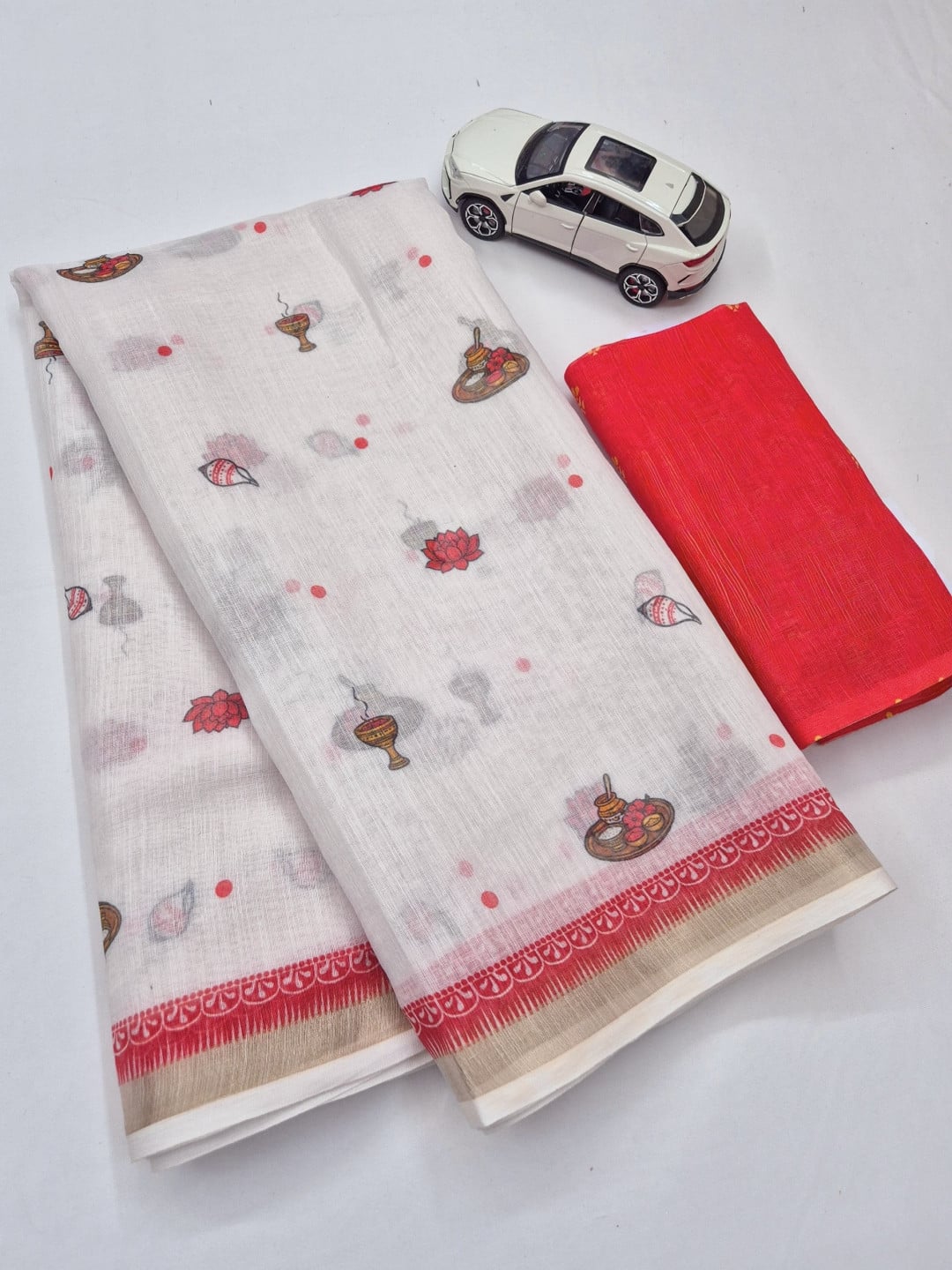Durga Pooja Special White Color Soft Linen Cotton Saree With Digital Printed Work And Golden Zari