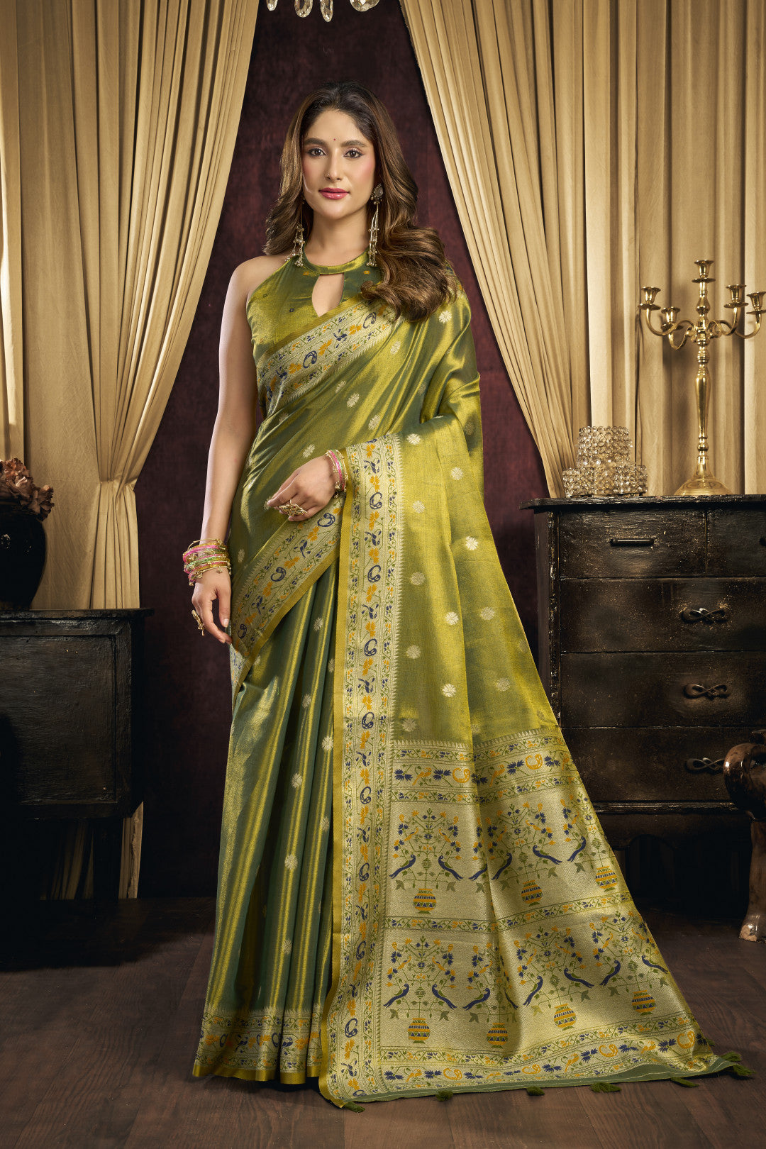 Tissue Paithani Silk Saree With Thread Weaving Work