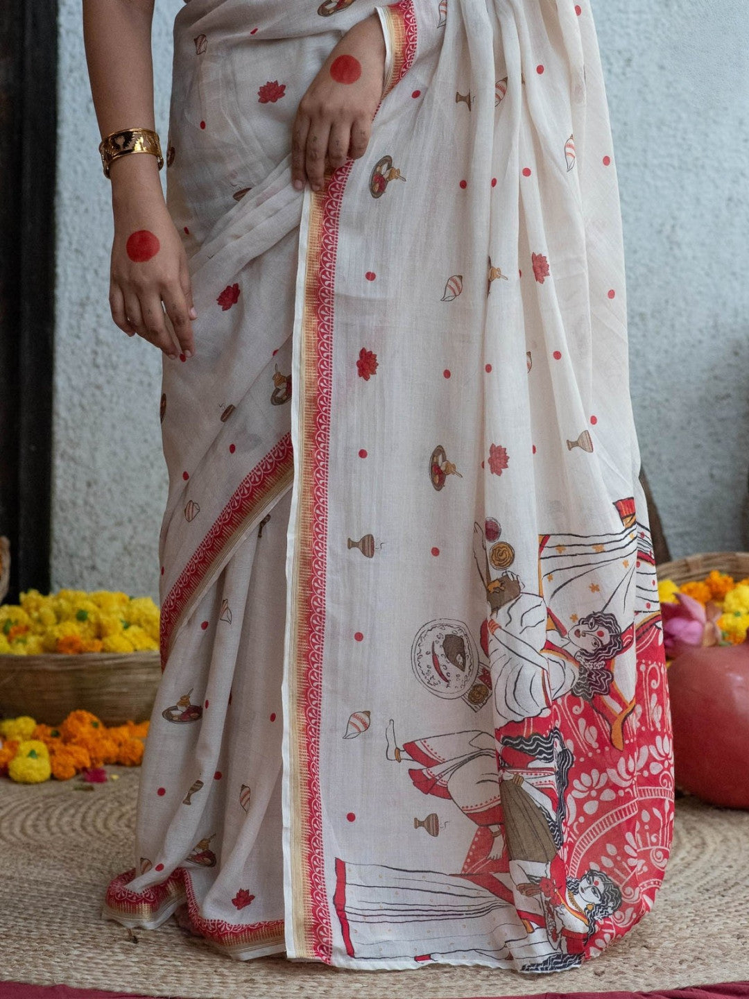 Durga Pooja Special White Color Soft Linen Cotton Saree With Digital Printed Work And Golden Zari
