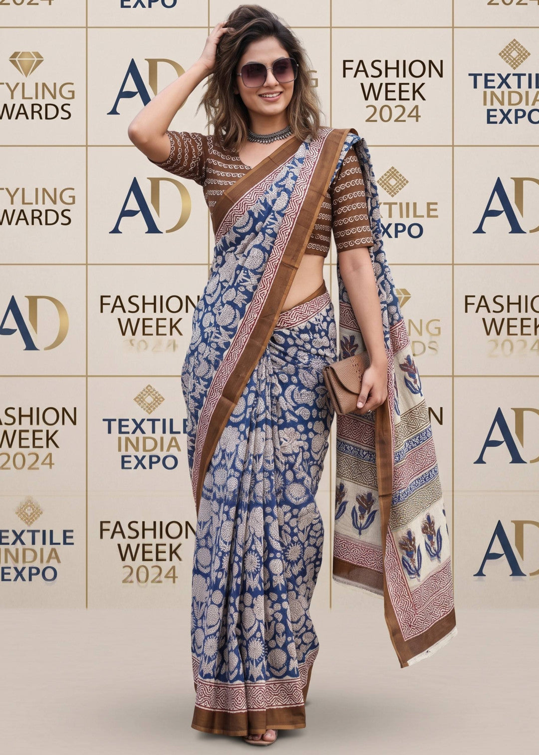 Soft Mulmul Cotton Saree With Bagru And Ajrakh Hand Block Printed Work