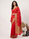 Red Zari Work Banarasi Saree In Cotton