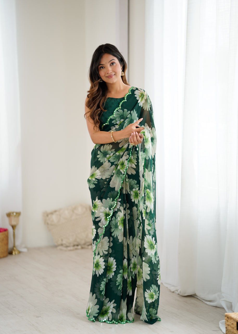 Georgette Saree With Printed Work And Mirror Work Border