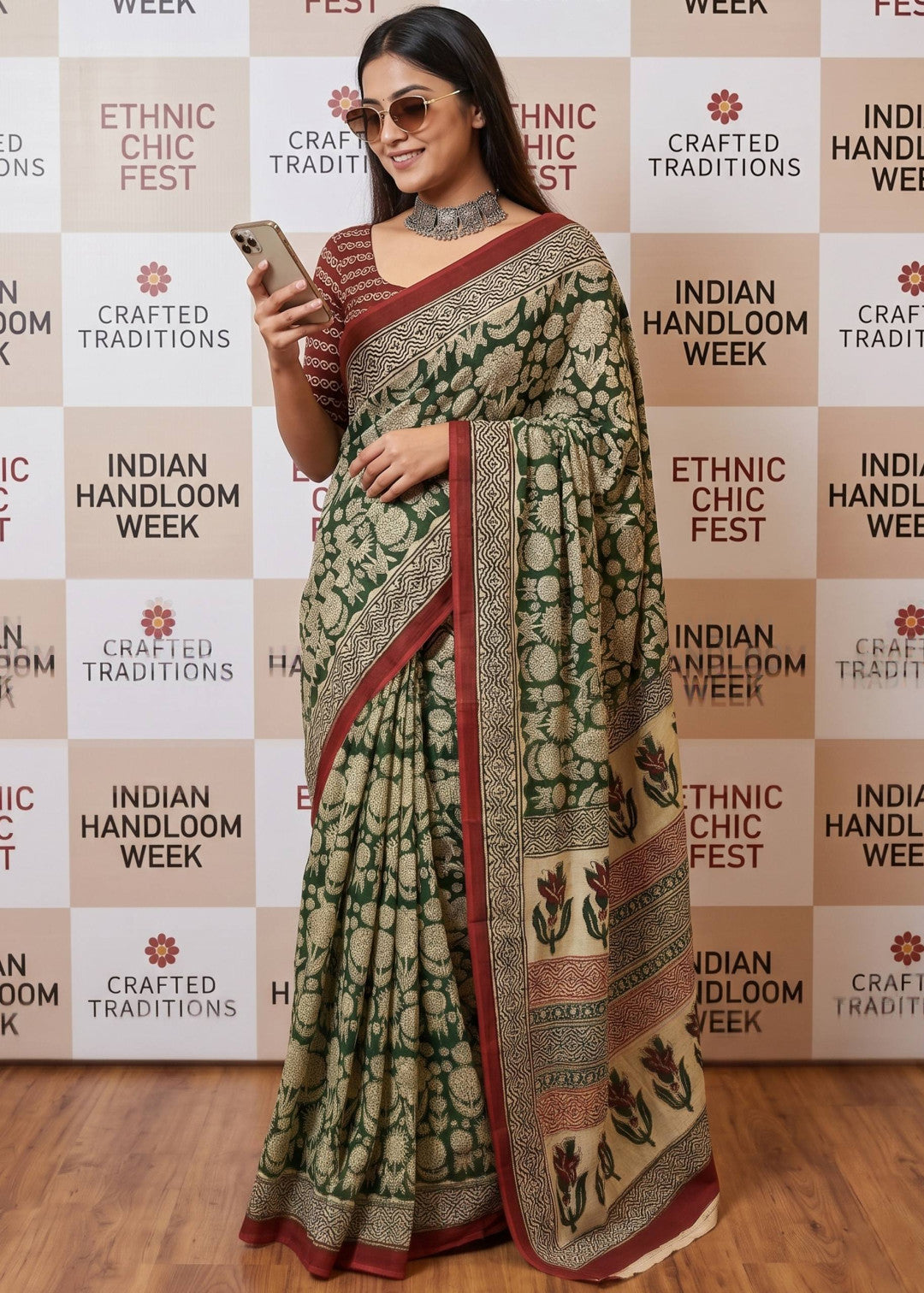 Soft Mulmul Cotton Saree With Bagru And Ajrakh Hand Block Printed Work