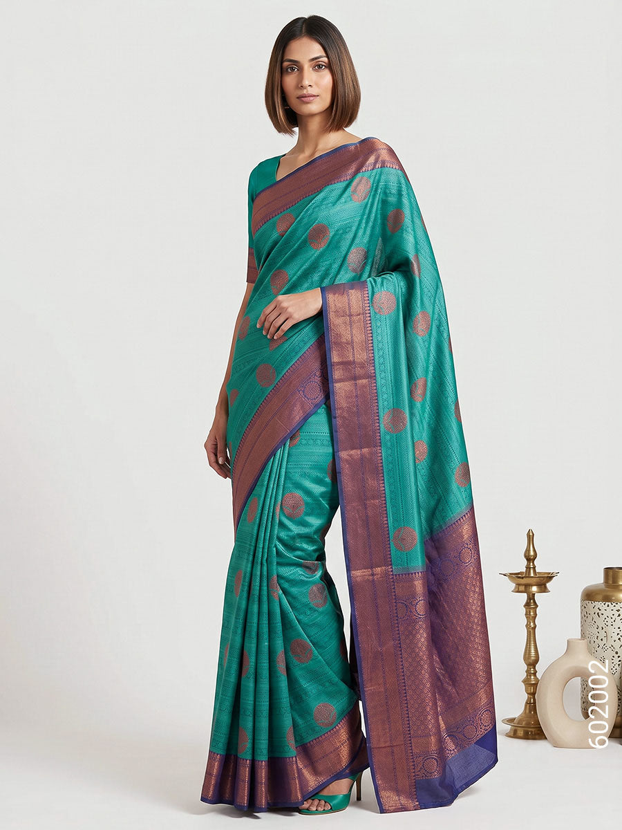 Teal Cotton Zari Work Banarasi Saree