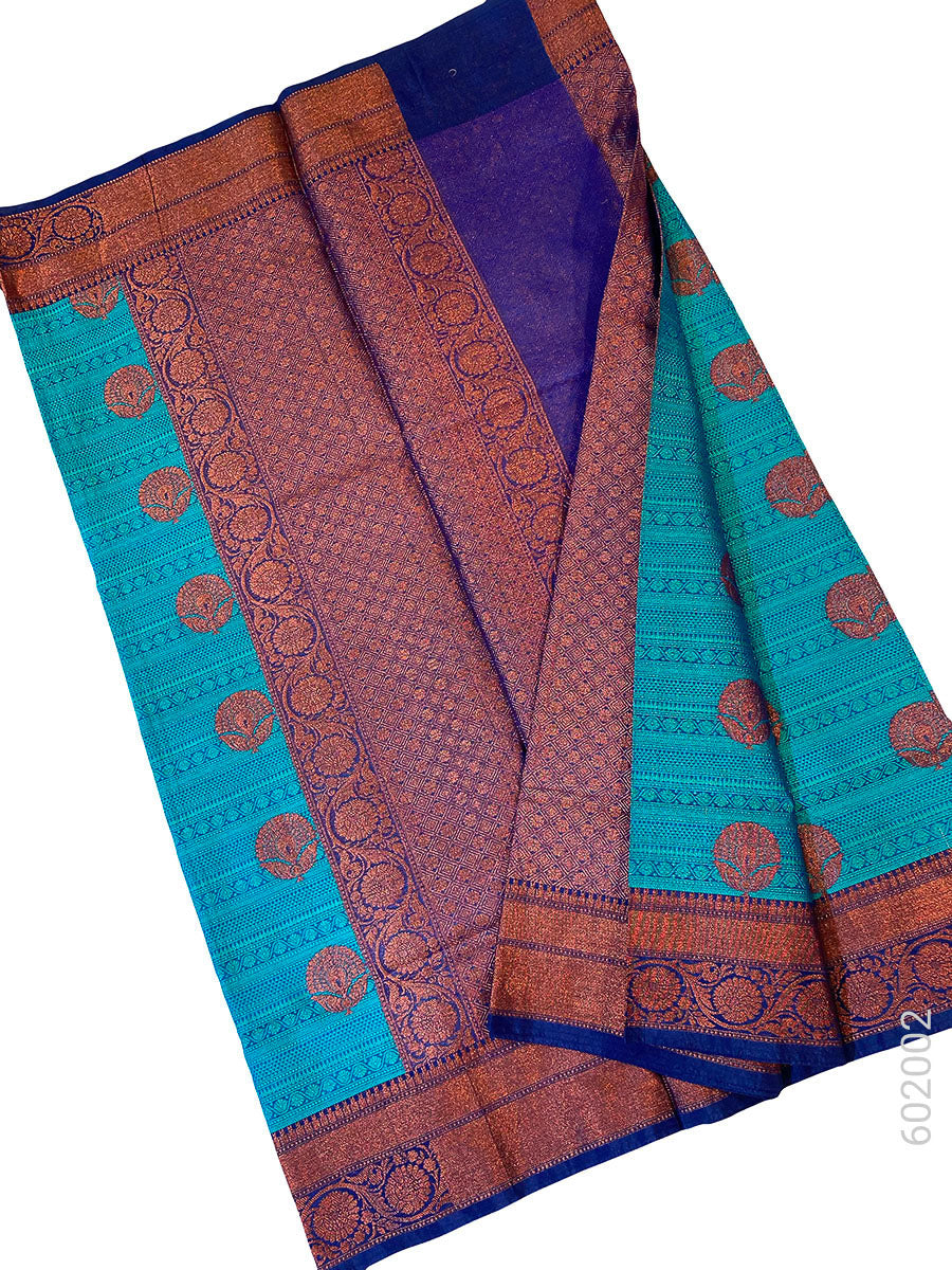 Teal Cotton Zari Work Banarasi Saree