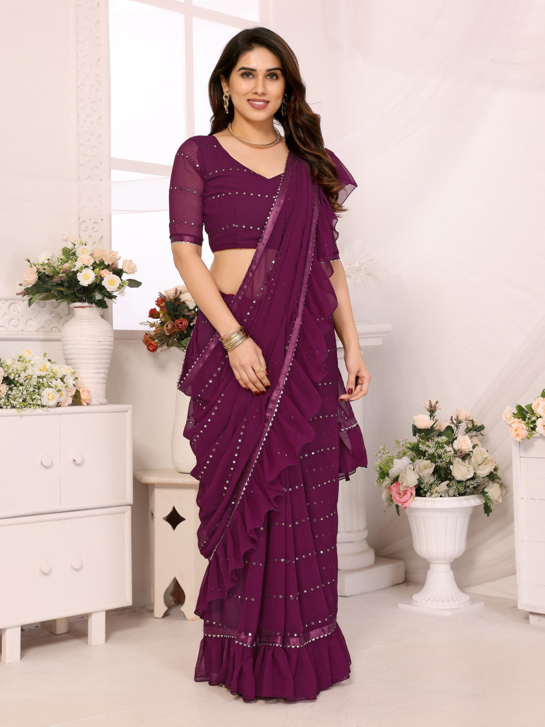 Soft Georgette Saree With Mirror Work