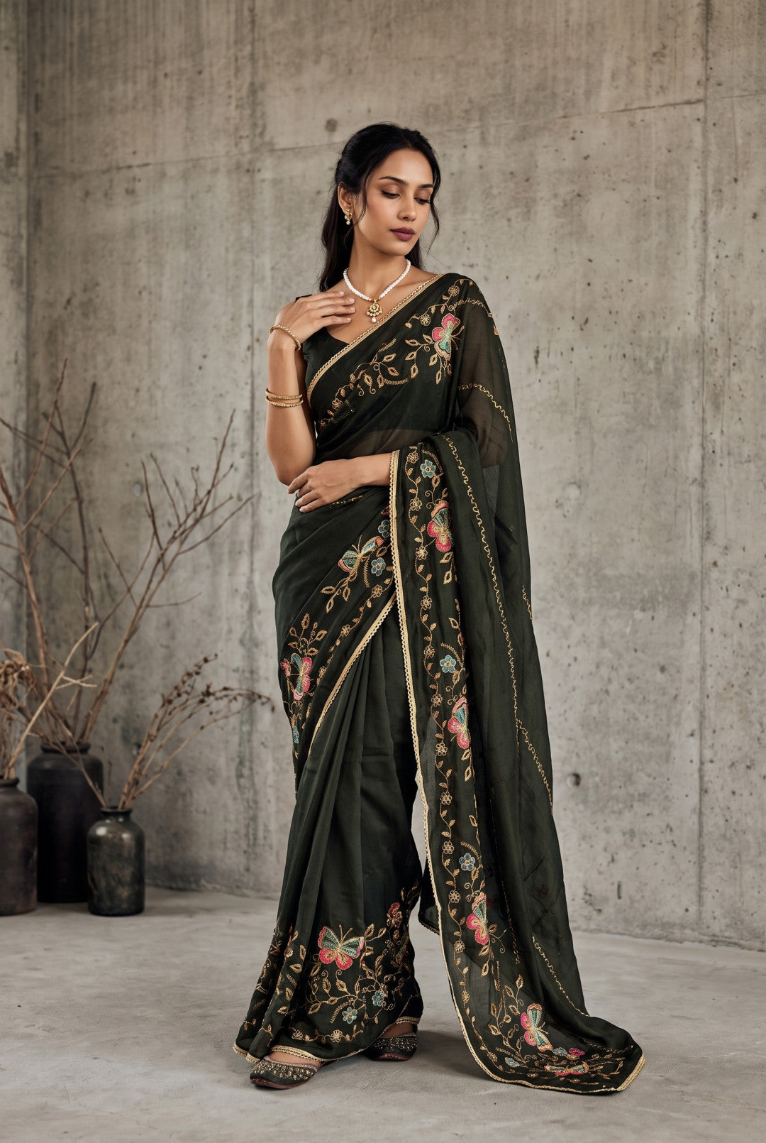 Georgette Saree With Beautiful Embroidery Work