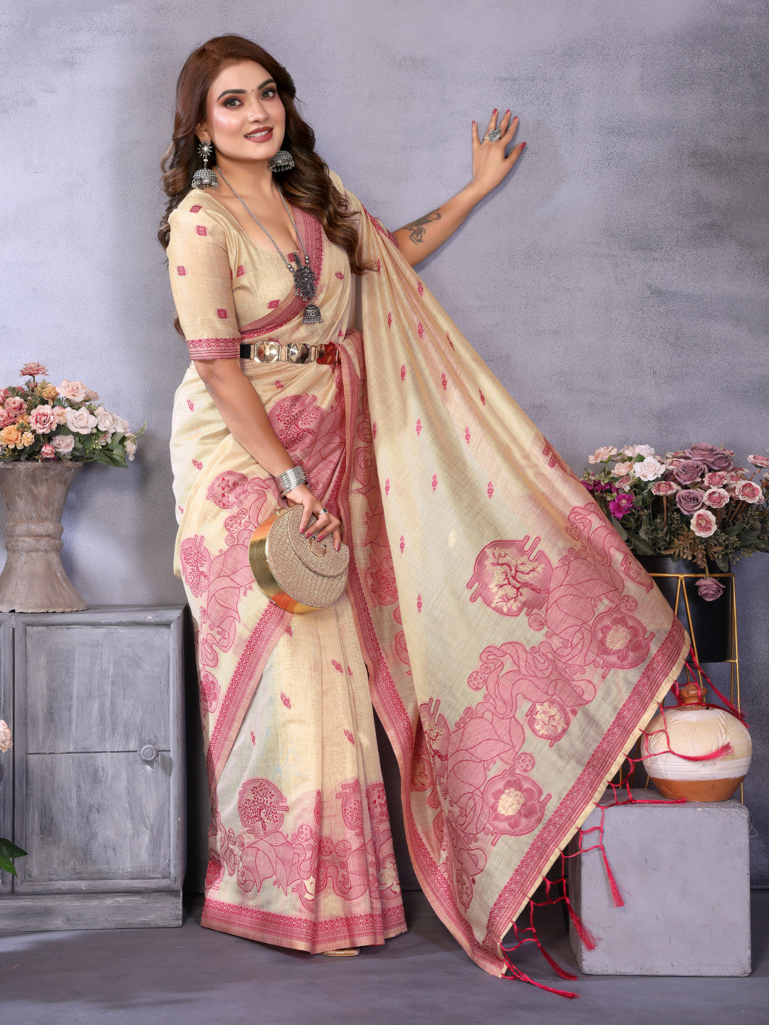 Soft Spun Base Muga Cotton Saree With Jacquard Weaving Work