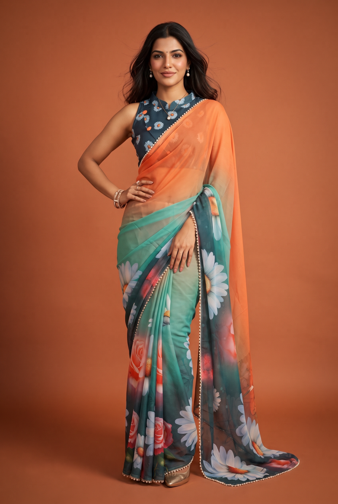 Soft Georgette Saree With Beautiful Digital Printed Work With Lace Moti Border