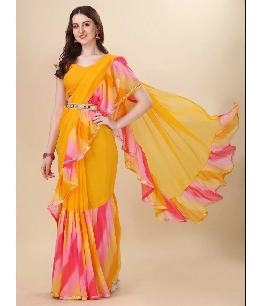 Soft Yellow Georgette Saree With Beautiful Laheriya Zallar Work