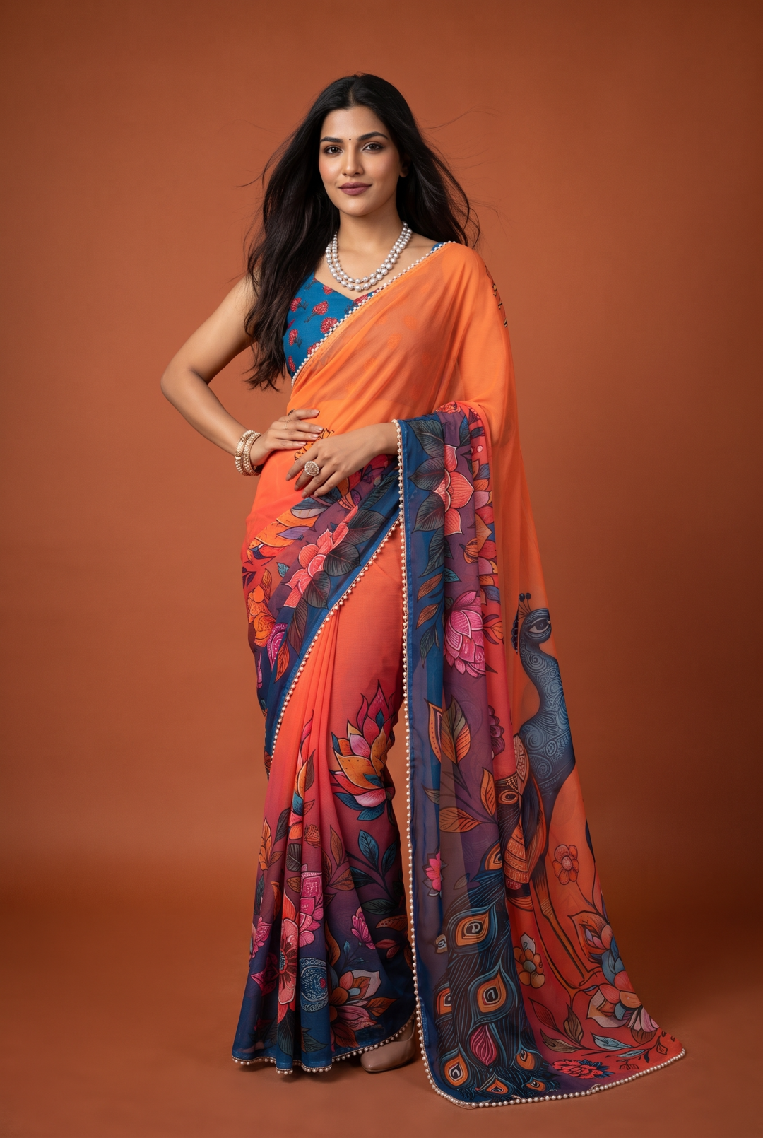 Soft Georgette Saree With Beautiful Digital Printed Work With Lace Moti Border