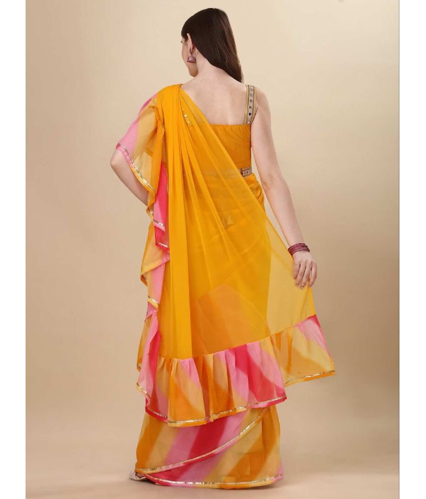 Soft Yellow Georgette Saree With Beautiful Laheriya Zallar Work